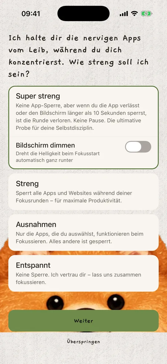 Die Fokusmodi: Super streng, Streng, Ausnahmen und Entspannt.