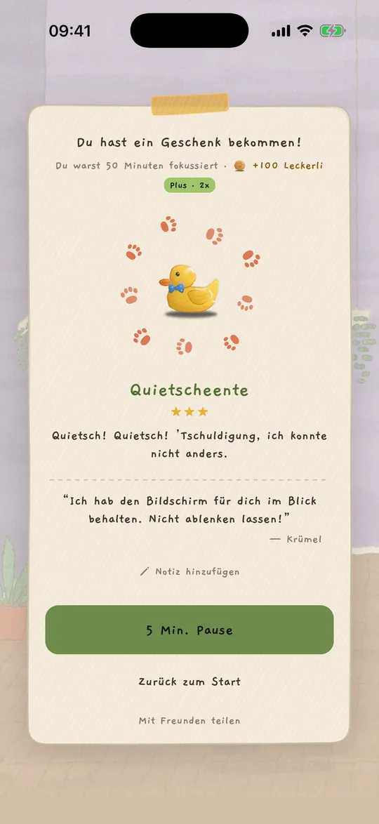 Der Geschenk-Bildschirm: Nach einer 25-minütigen Session hat der Welpe ein Quietsche-Entchen gebracht.