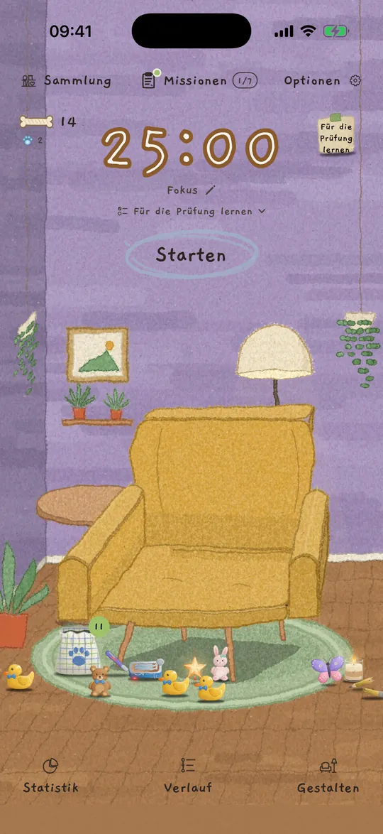 Der Startbildschirm: ein 25:00-Timer über einem senfgelben Sessel in einem Zimmer mit Pflanzen.