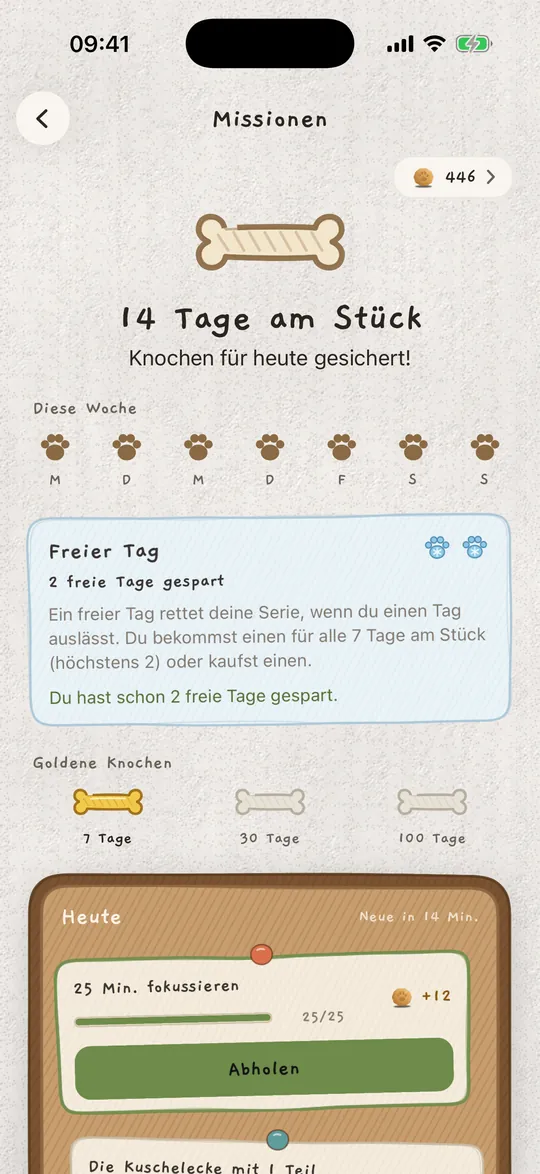 Das Missionsbrett mit einer Serie von 14 Tagen am Stück und einem gesparten freien Tag.