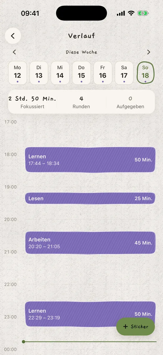 Der Verlauf mit Sessions fürs Lernen, Lesen und Arbeiten.