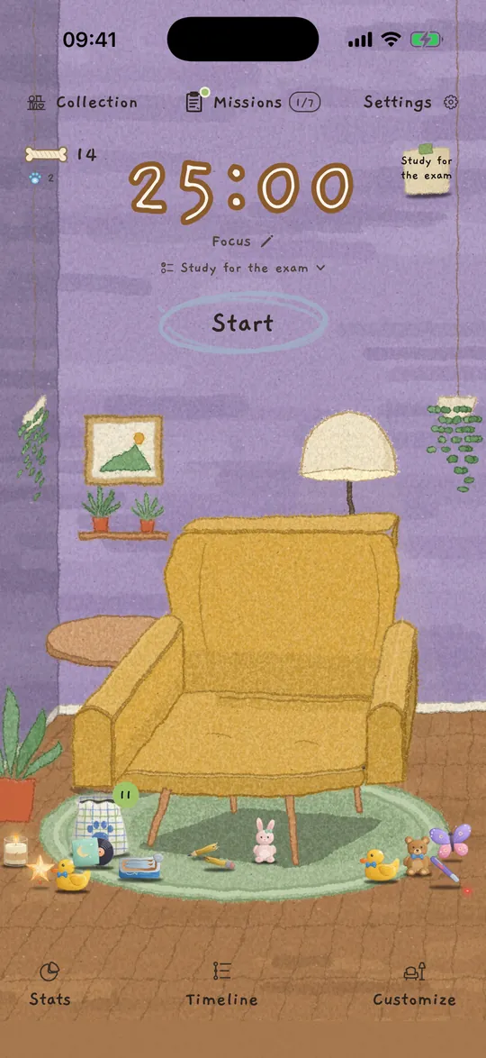 The home screen: a 25:00 timer above a mustard armchair in a room with plants.