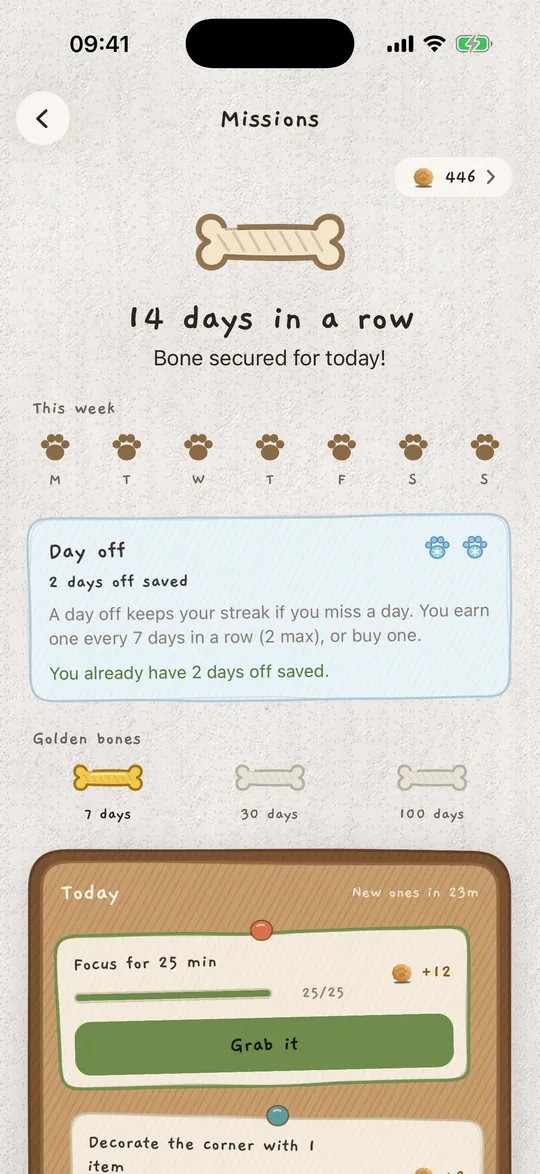 The missions board with a 14-day streak and a day off saved.