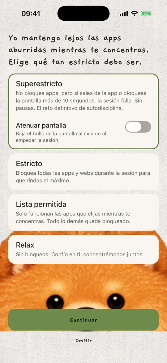 Los modos de concentración: Superestricto, Estricto, Lista permitida y Relax.