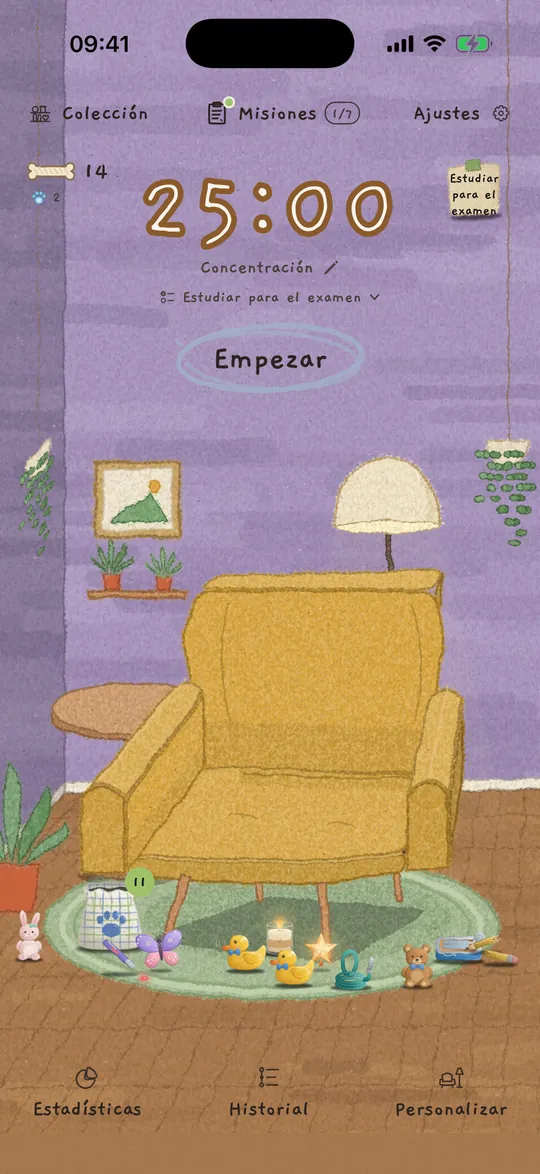La pantalla de inicio: un temporizador de 25:00 sobre un sillón mostaza en una sala con plantas.