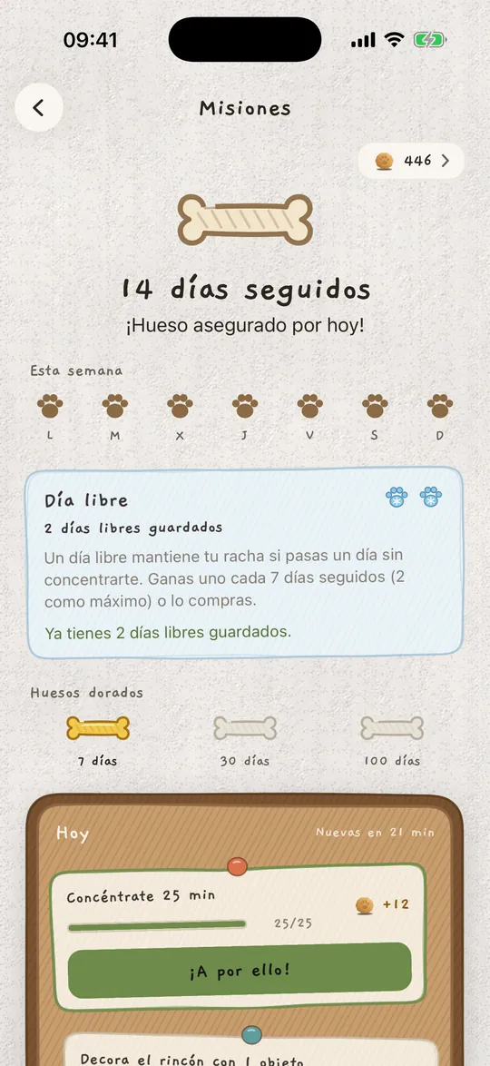 El tablón de misiones con una racha de 14 días y un día libre guardado.