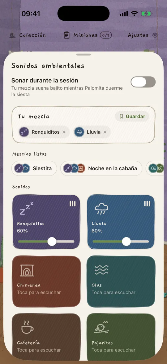El mezclador de sonidos ambientales con la lluvia y los ronquiditos activados.