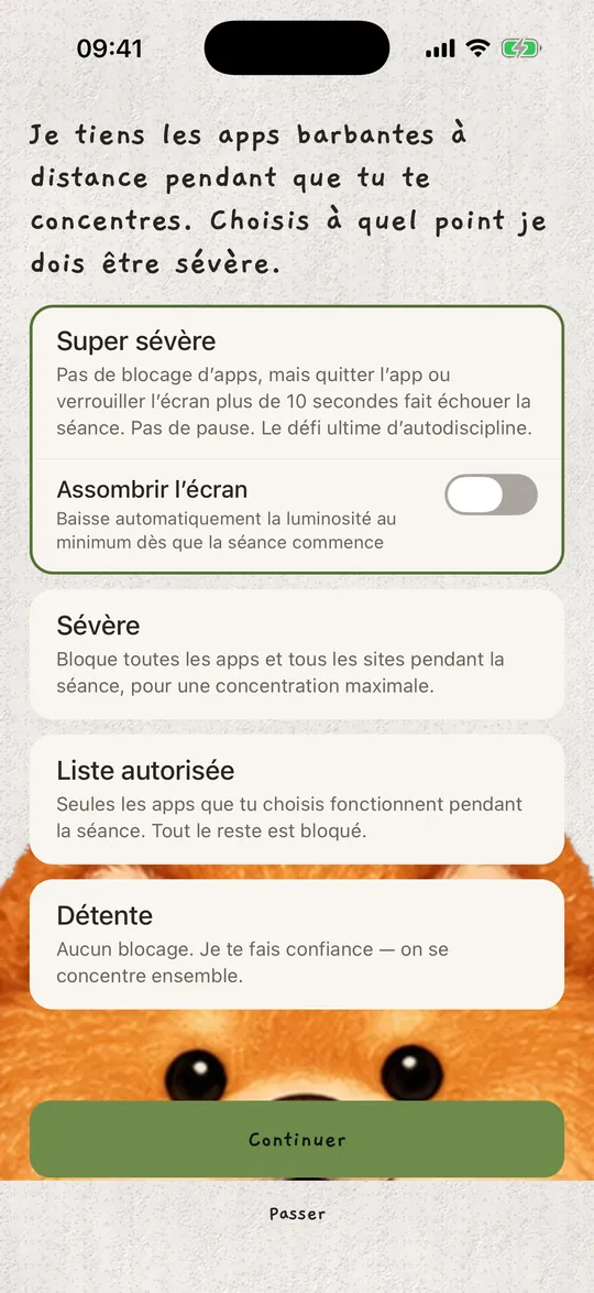 Les modes de concentration : Super sévère, Sévère, Liste autorisée et Détente.
