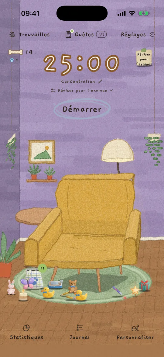 L’écran d’accueil : un minuteur à 25:00 au-dessus d’un fauteuil moutarde, dans une pièce pleine de plantes.