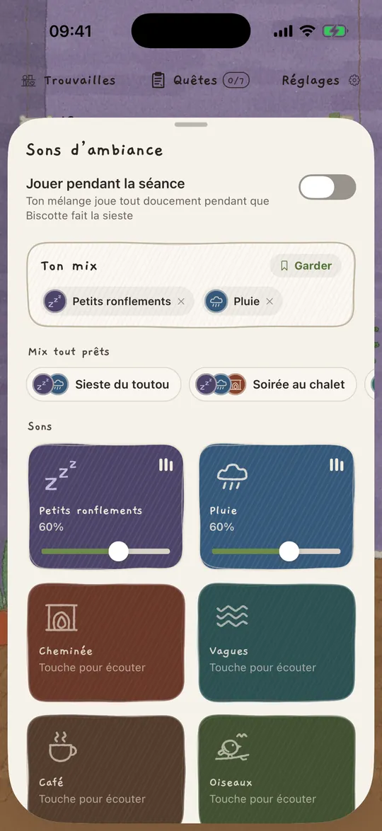 Le mélangeur de sons d’ambiance avec la pluie et les petits ronflements activés.