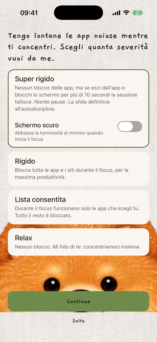 Le modalità focus: Super rigido, Rigido, Lista consentita e Relax.