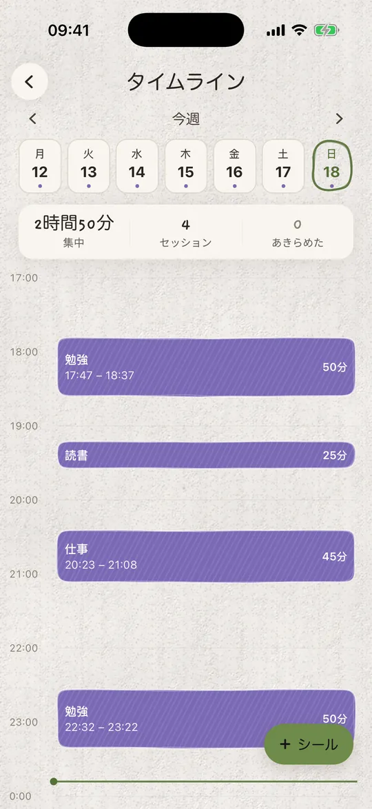 タイムライン：勉強、読書、仕事のセッション。