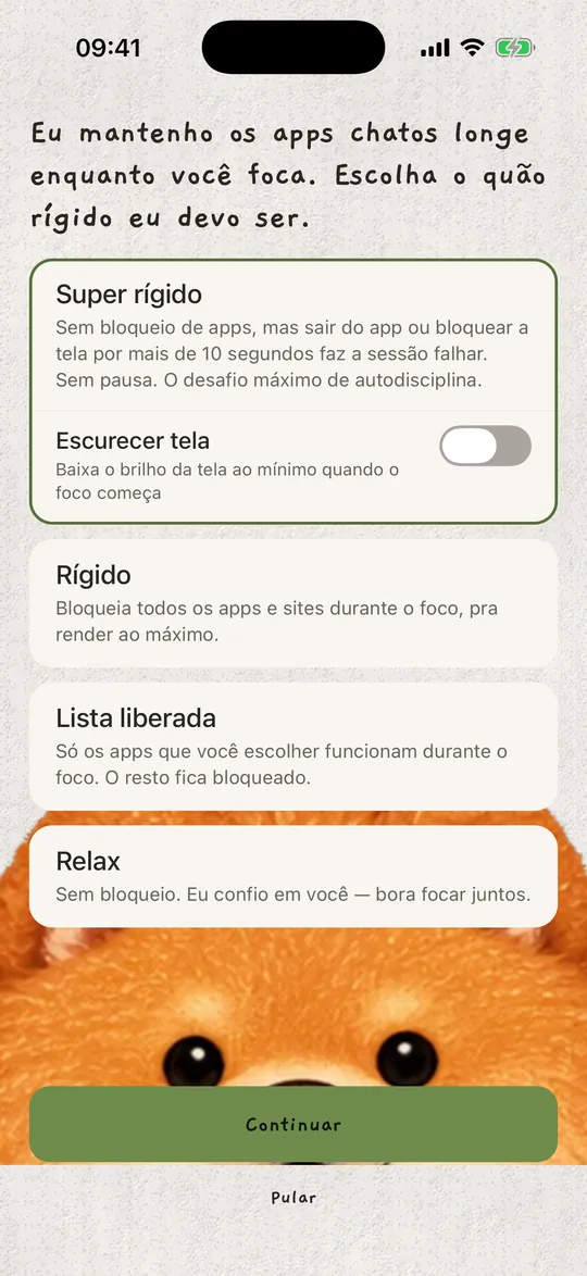 Os modos de foco: Super rígido, Rígido, Lista liberada e Relax.