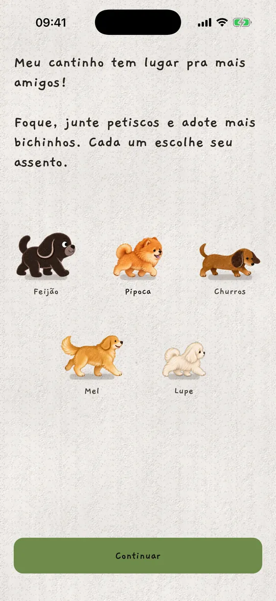A escolha do cachorrinho, com Feijão, Pipoca, Churros, Mel e Lupe.