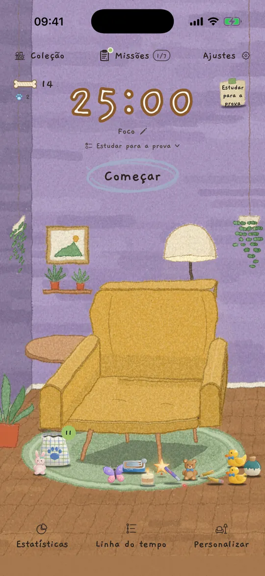 A tela inicial: um timer de 25:00 acima de uma poltrona mostarda numa sala com plantas.