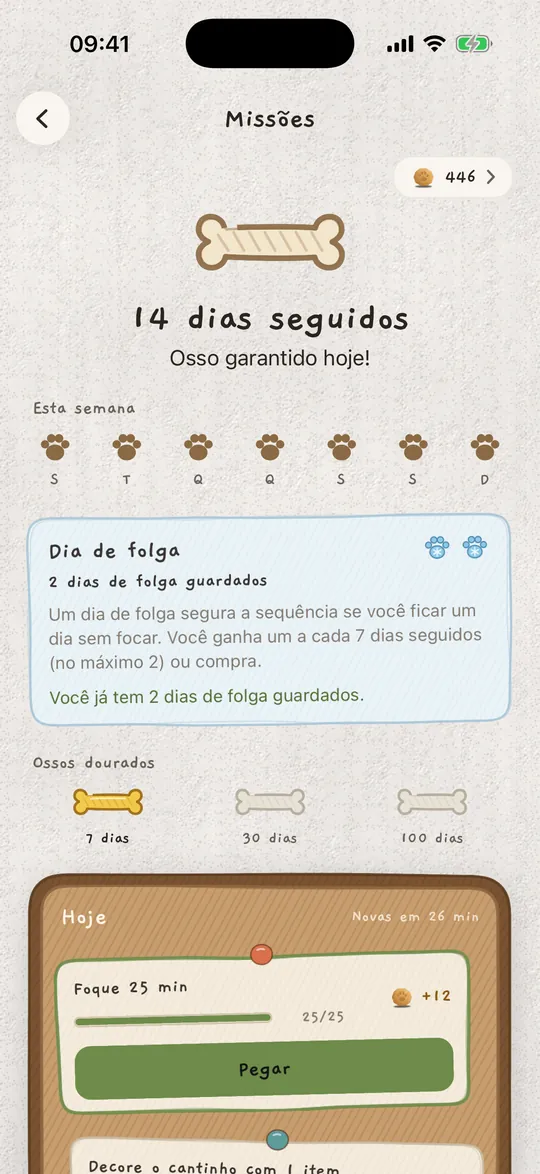 O quadro de missões com uma sequência de 14 dias e um dia de folga guardado.
