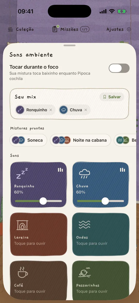 O mixer de sons ambiente, com chuva e ronquinho ligados.