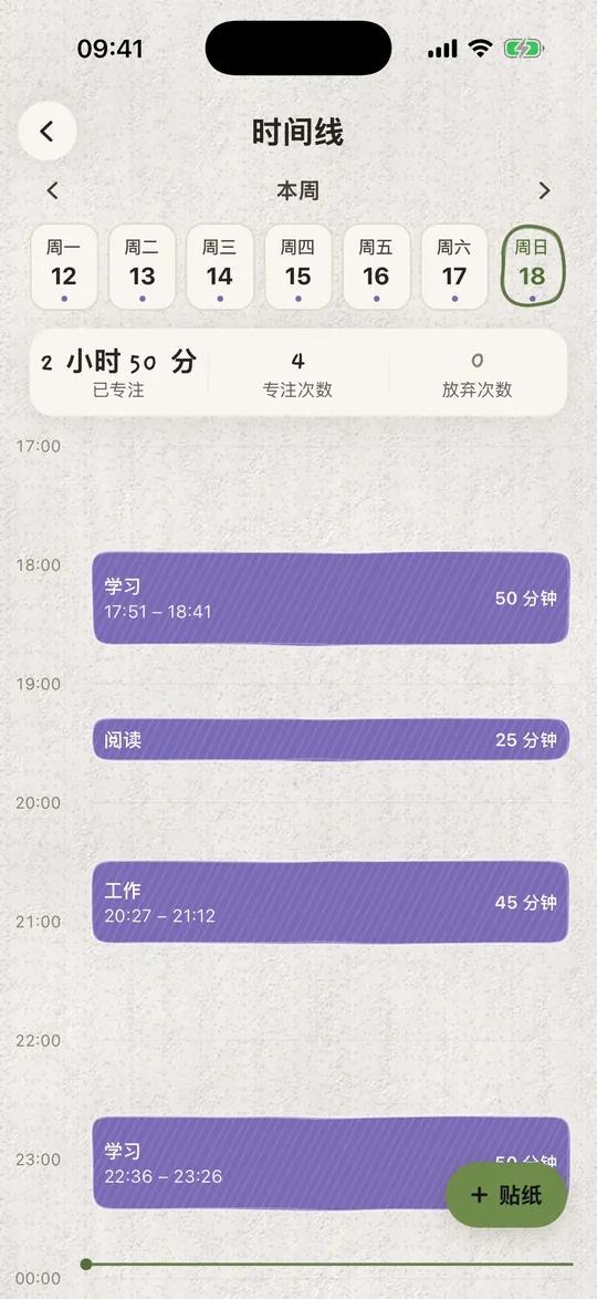 时间线上有学习、阅读和工作的专注记录。